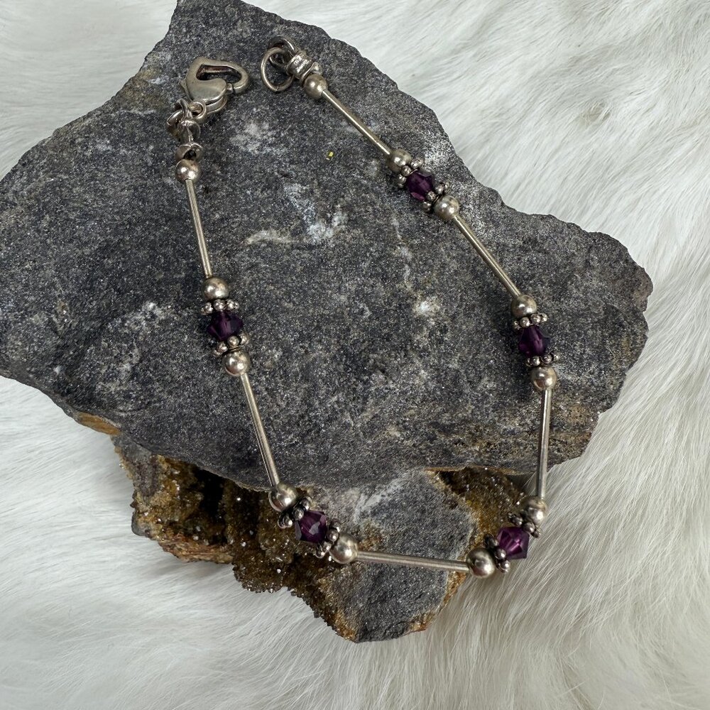 Silver Tone & Purple Bead Bracelet 6.5"